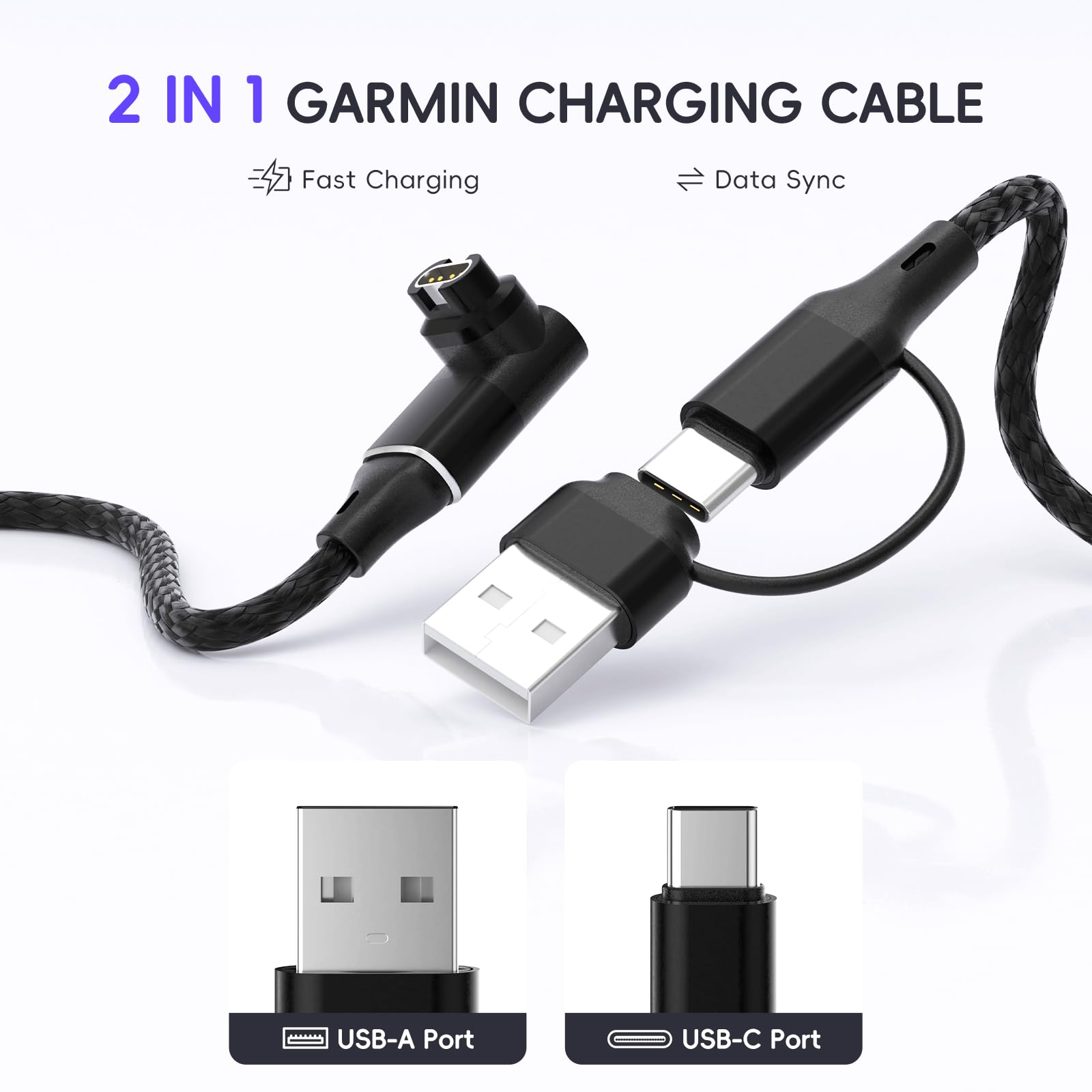 Aorle 2-In-1 Charger Cable For Garmin Watch, 2 Pack 3.3Ft 90 Degree Charging Power Cord For Fenix 8/7/6 E/X/S, Vivoactive, Insti